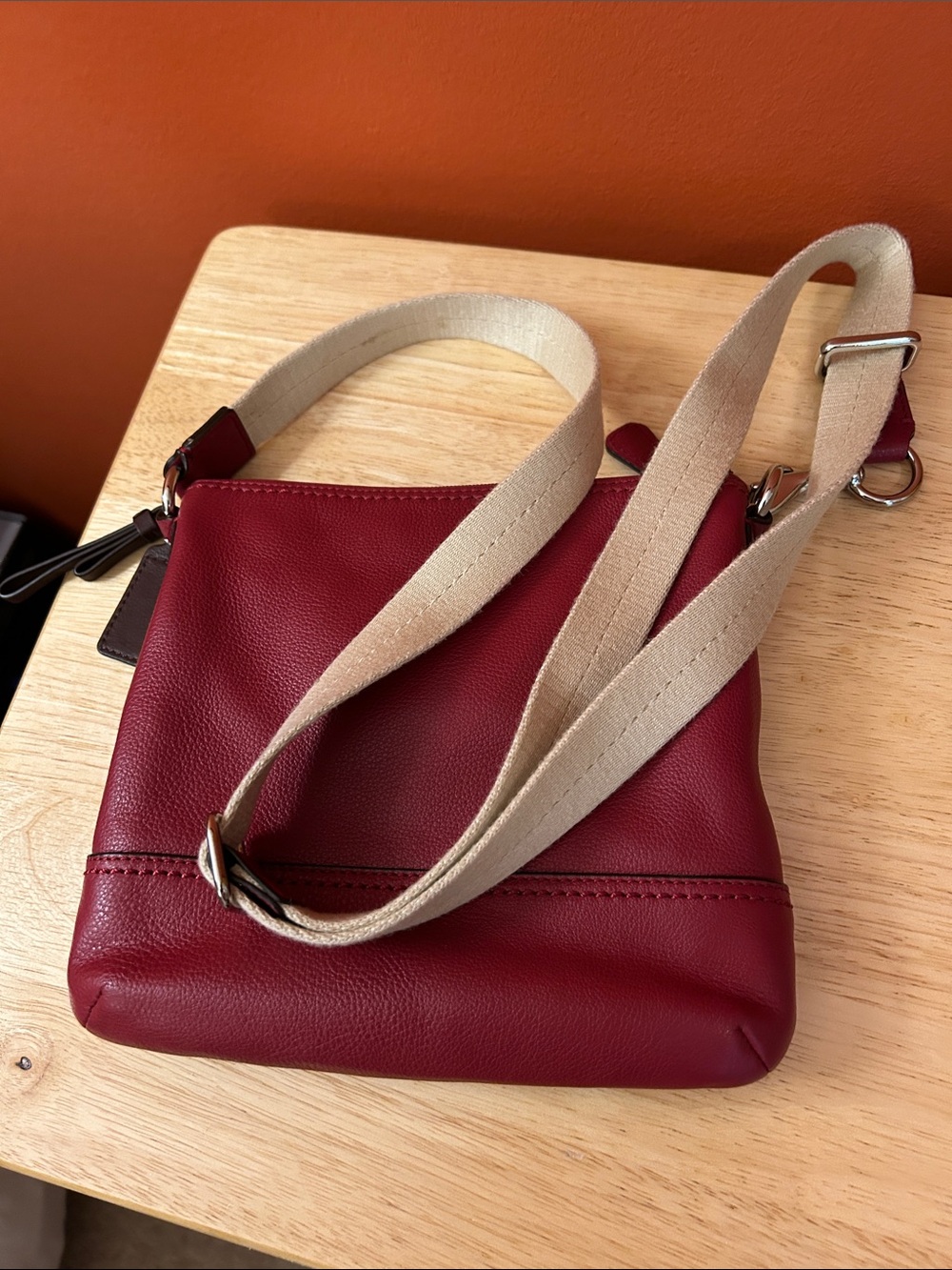 Coach Small Pebbled Leather Crossbody in Burgundy with Canvas Strap - Picture 2 of 11
